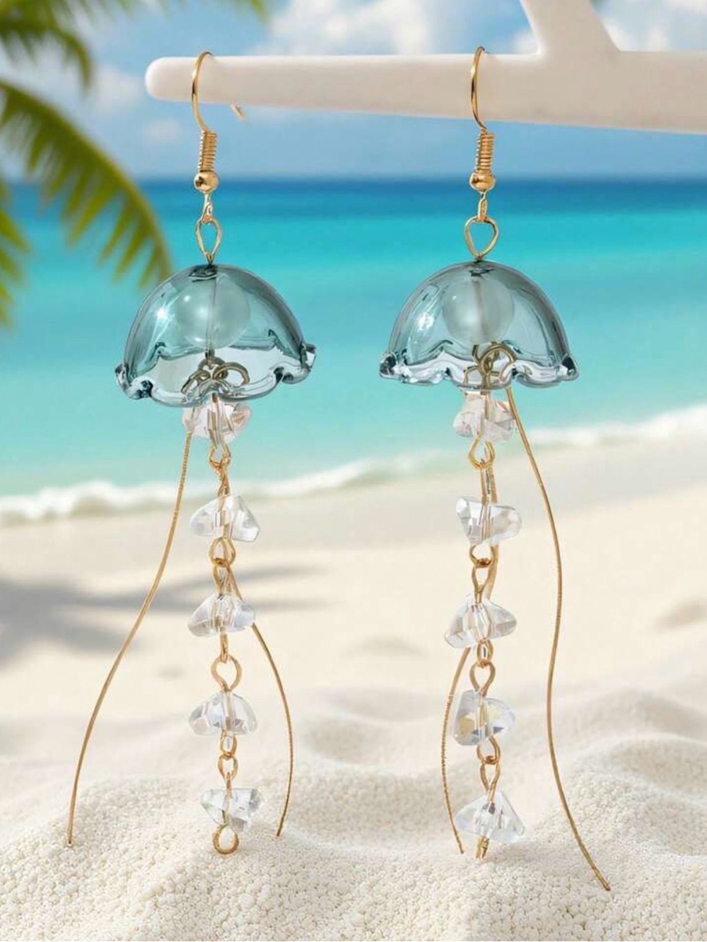 Sea Glass Blue Jellyfish Dangle Earrings with Gold Accents